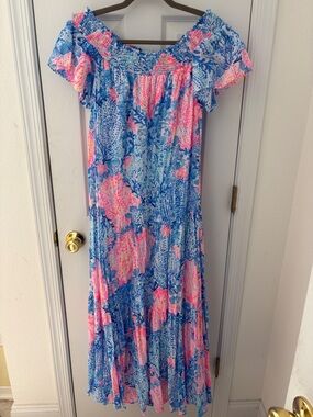 Lilly Pulitzer Dezi Pink-Accented Blue Floral Smocked Top Dress
